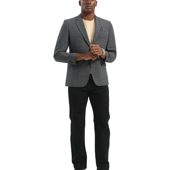 Charcoal Windowpane Notch Lapel Slim Fit Tazzio Men's Jacket - Picture 2 of 3